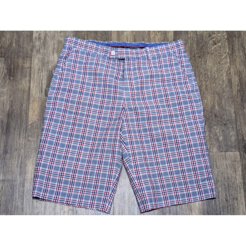 Linea Uomo Mens Size 36 Plaid Flat Front Shorts Red White Blue Cotton Blend